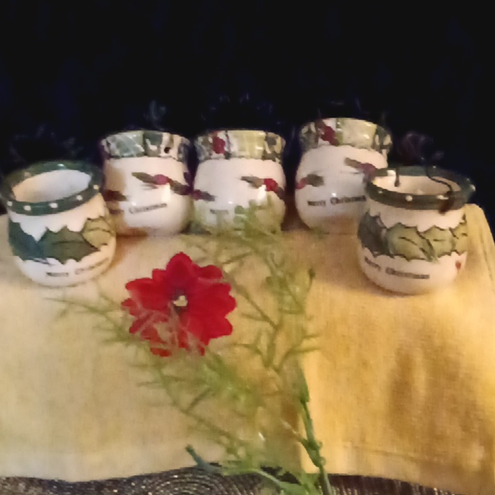 Vtg Pottery Merry Christmas Votive Candle Holders